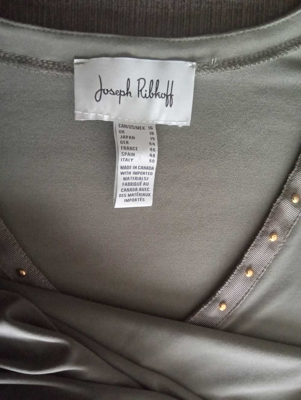 Joseph Ribkoff Olive Green Stud Trim V-Neck Top 16+ - Picture 5 of 8